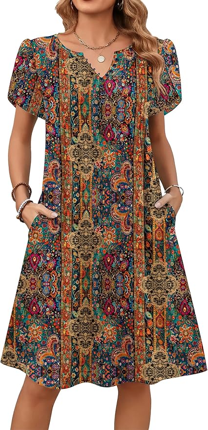 Zeagoo Women's Casual Dresses with Pockets Summer Floral V-Neck A-Line Tshirt Dress Short Sleeve Mini Dress Beach Sundress