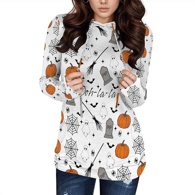 domirica Halloween Sweatshirts For Women Long Sleeve Spooky Graphic Sweatshirts Pumpkin Pullover Halloween Party Club Wear