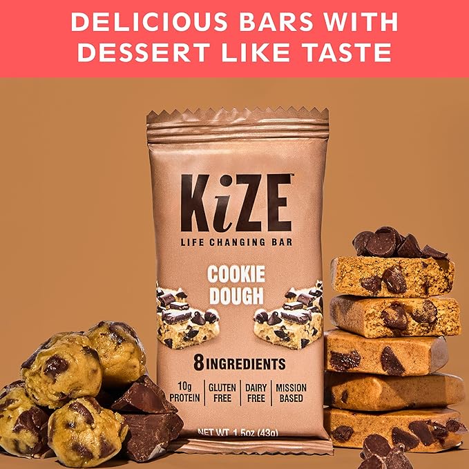 KiZE Energy Bars - Cookie Dough - Gluten Free, Dairy Free, Non-GMO, and High Protein Meal Replacement Energy Bars, Clean and Simple Food Ingredients - 10g High Protein Snacks, (10 Count)