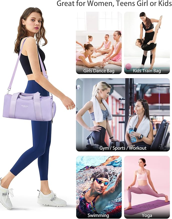 Sports Small Gym Bag for Women Girls Kids Duffle Bag for Fitness Workout, Travel, Dance, Ballet, Swim with Shoes Compartment & Waterproof Pocket, 16" Cute Purple
