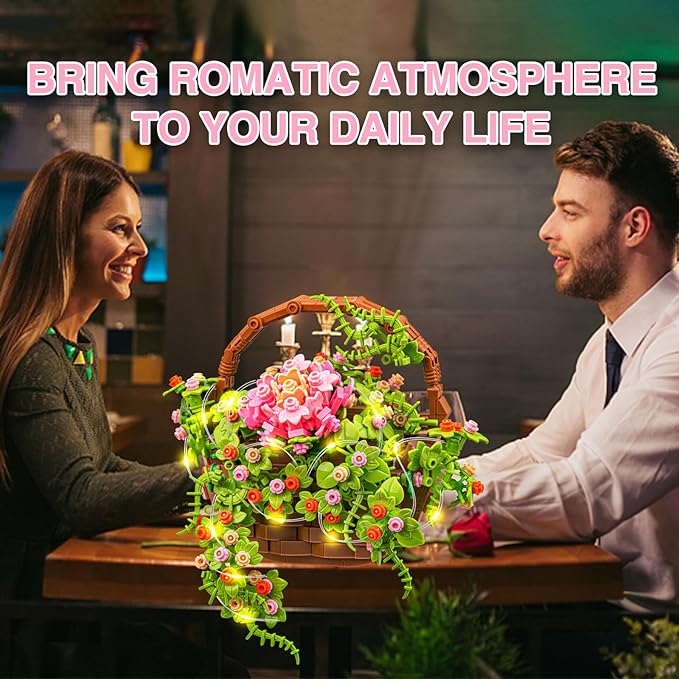 SATHIBI Flower Bouquet Building Set, Flowers Basket Bonsai Plants with Light, Botanical Collection Wall Decor, Creative Building Toy Gift for Adults (691 PCS)