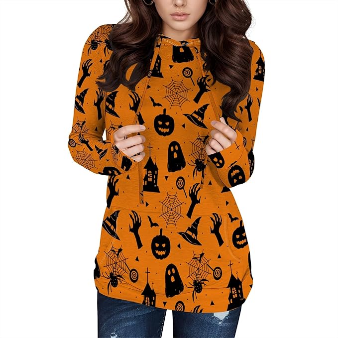 domirica Halloween Hooded Sweatshirt Long Sleeve Pocket Trendy Pumpkin Skull Sweatshirt Halloween Costumes For Holiday Party