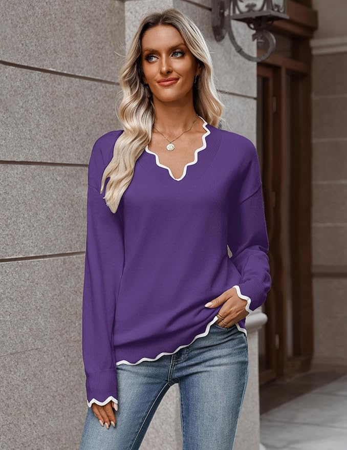 Zeagoo Women's 2026 Fall V Neck Sweater Casual Long Sleeve Lightweight Ribbed Knit Pullover Sweaters Dressy Casual Tops