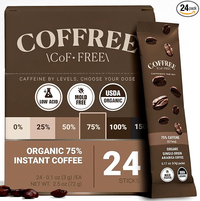 COFFREE Organic Instant Coffee Packets - 75% Half Caff Convenient Coffee Sticks, Mold Free, Low Acid Arabica Beans for On-the-Go Energy - Hot or Cold Smooth Taste Single Serve Travel Packets 24 Count