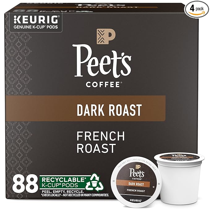 Peet's Coffee, Dark Roast Keurig K-Cup Pods - French Roast 88 Count (4 Boxes of 22 Pods)