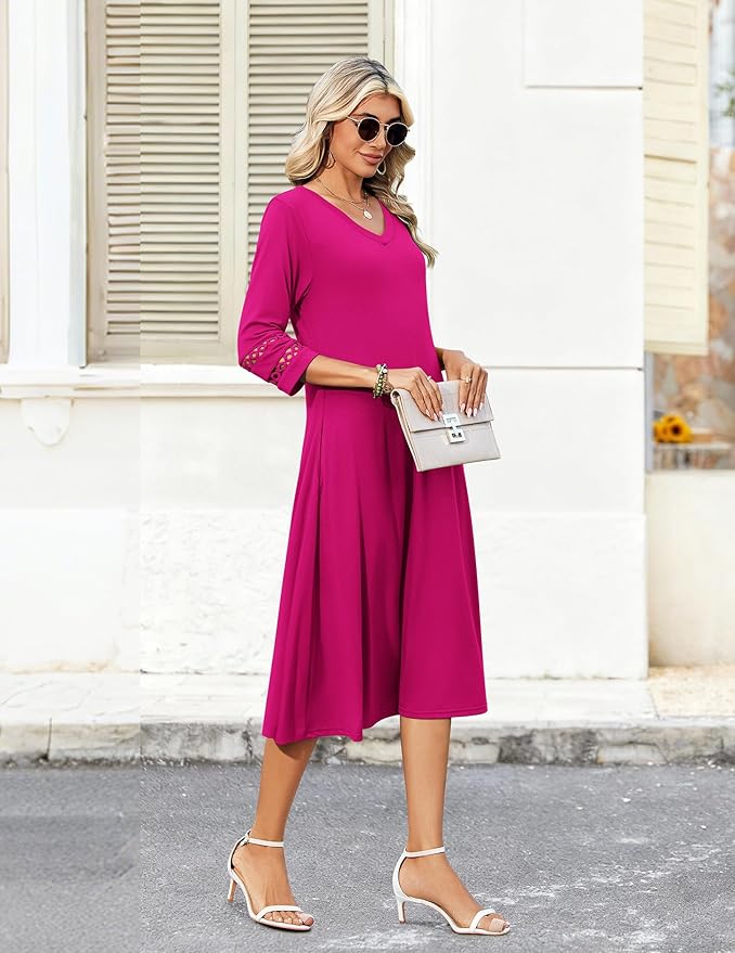 Zeagoo Women's Dresses 3/4 Sleeve Summer Casual V-Neck A Line Flowy Eyelet Midi Dress for Women Beach Vacation Sundress