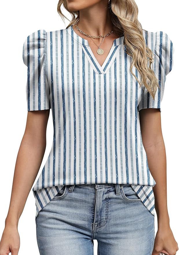 Lomon Spring Summer Tops for Women 2026 V Neck Puff Short Sleeve Tops Fashion Trendy Work Blouses Dressy Casual S-XXL