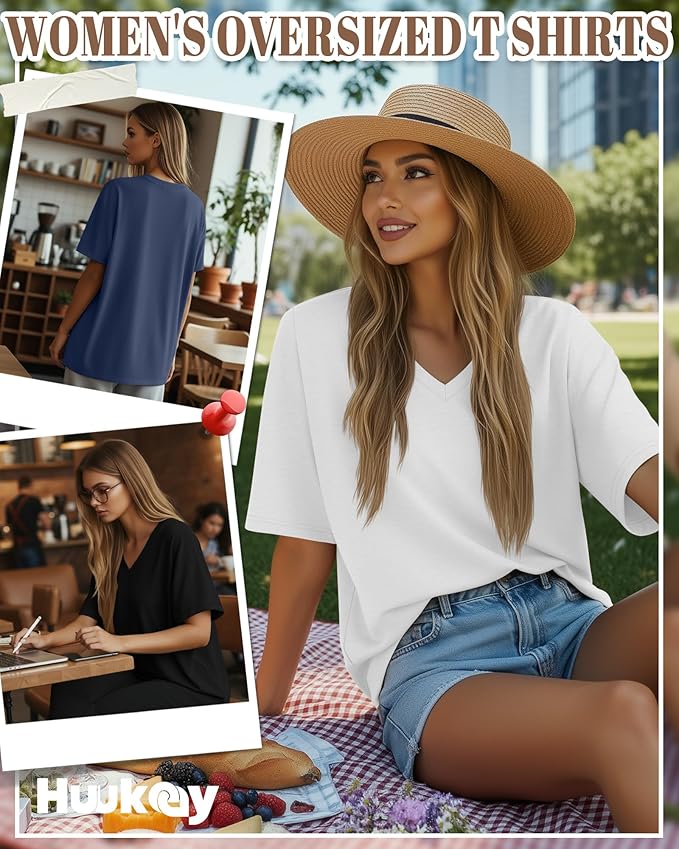 Huukeay Women's Cotton Oversized T Shirts 3 Pack V Neck Loose Fit Half Sleeve Tops Baggy Casual Summer Gym Workout Tees 2026