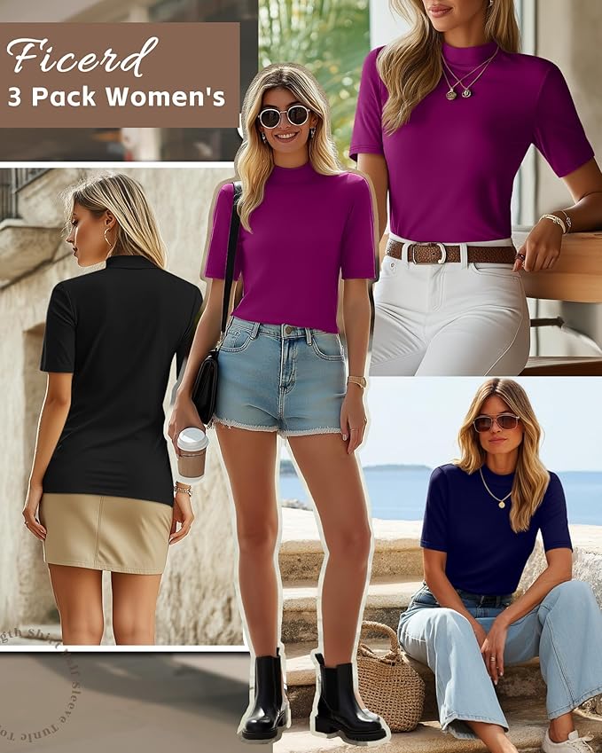 Ficerd 3 Pack Women's 1/2 Sleeve Mock Turtleneck Shirts, Elbow Length Shirt Half Sleeve Tunic Top Casual Summer Basic Tees