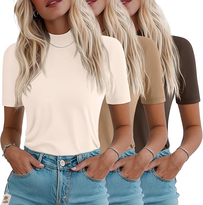 Ficerd 3 Pack Women's 1/2 Sleeve Mock Turtleneck Shirts, Elbow Length Shirt Half Sleeve Tunic Top Casual Summer Basic Tees