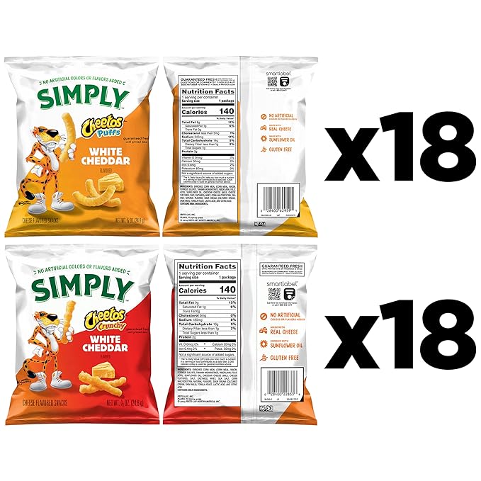 Simply, Cheetos White Cheddar Puffs & Crunchy Variety Pack, 0.875 Ounce (Pack of 36)