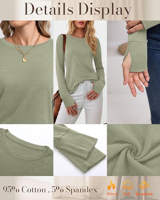 Huukeay 3 Pack Women's Long Sleeve Shirts with Thumb Holes, Cotton Casual Crew Neck Tunic Tops Fall Loose Y2k Trendy Outfits