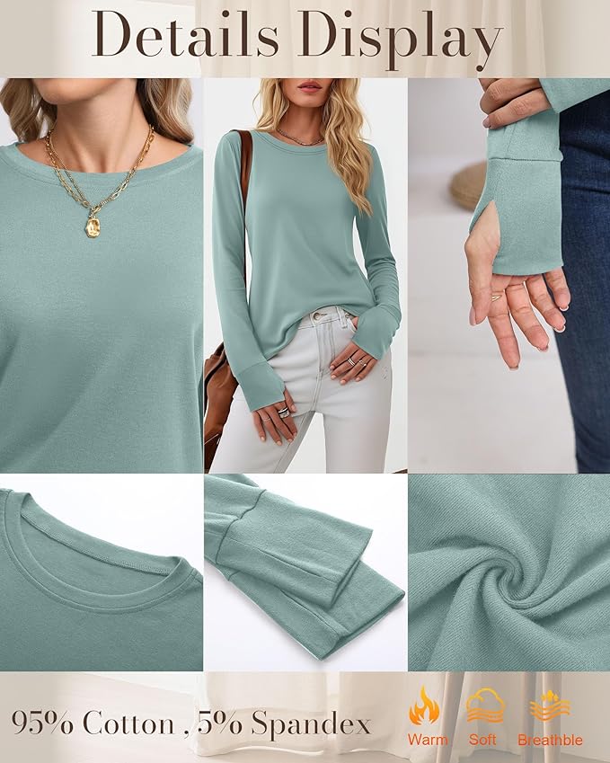 Huukeay 3 Pack Women's Long Sleeve Shirts with Thumb Holes, Cotton Casual Crew Neck Tunic Tops Fall Loose Y2k Trendy Outfits