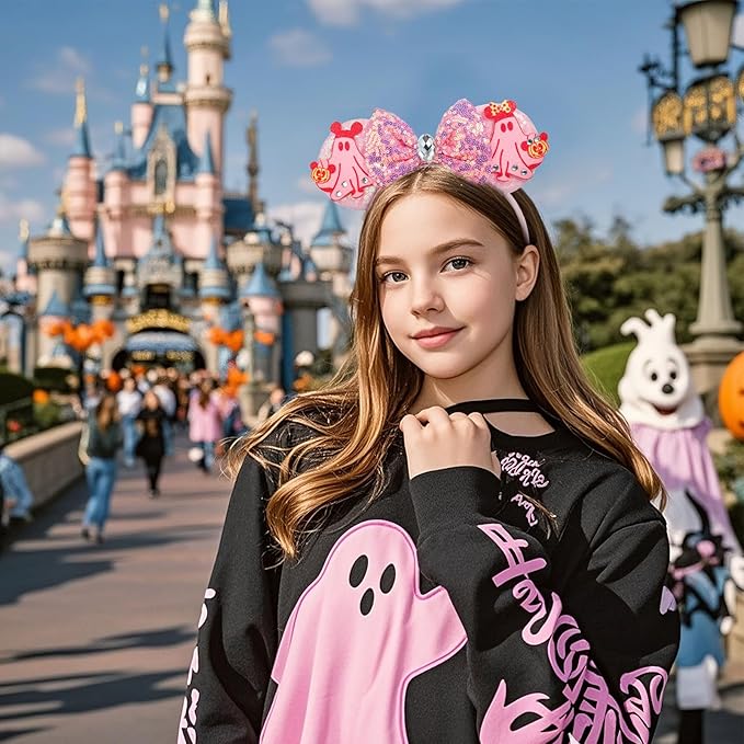 ETLUK Halloween Ears Headband - Pink Sequin Bow with Ghost & Pumpkin for Women Girls, Halloween Mouse Ears Accessories for Party Cosplay Costume