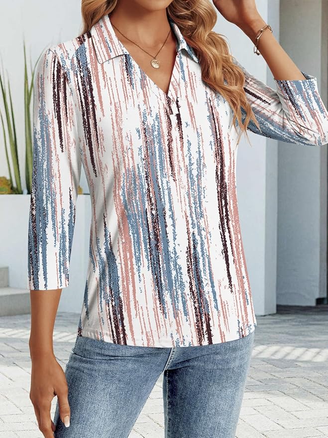 3/4 Length Sleeve Womens Tops Dressy Casual V Neck Polo Shirts Business Work Blouses 2025 Trendy Tunic Top