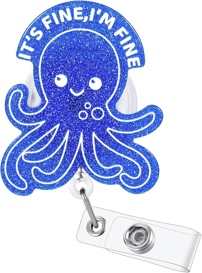 I'm FINE Funny Badge Reel, Cute Octopus Retractable ID Card Badge Holder, Name Tag Work Badge Clip for RN LPN CNA MA ER Night Shift Nurse Nursing Student OB/GYN Doctor Teacher, Nurse Gifts