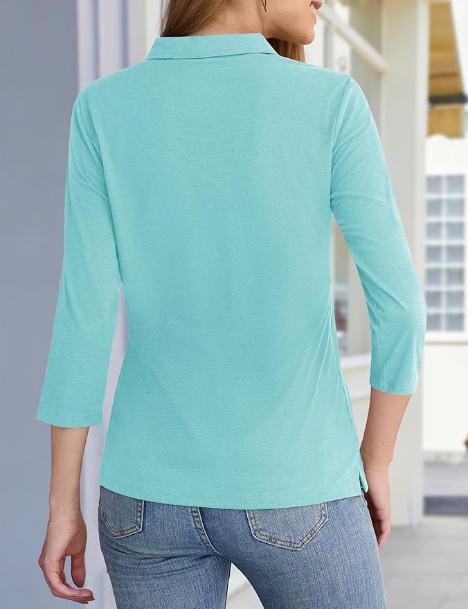 YUCOLEN Polo Shirts for Women 3/4 Sleeve Tops Golf Tees 5-Button Collared Cotton Shirt Business Casual