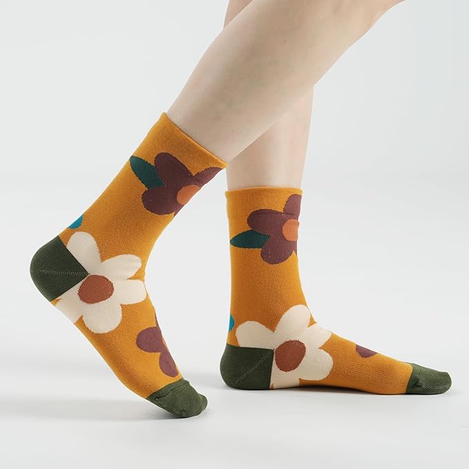 Kikiya Women's Cotton Crew Socks - Cute Flower Graphic Polka Dot Striped Heart Patterned - Ladies Girls Casual Socks Size 6-8