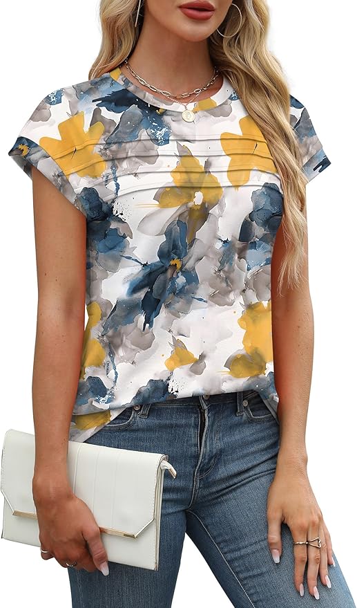WEESO Womens Summer Tops Trendy 2026 Cap Sleeve T Shirts Crew Neck Pleated Front Beach Vacation Clothes Fashion