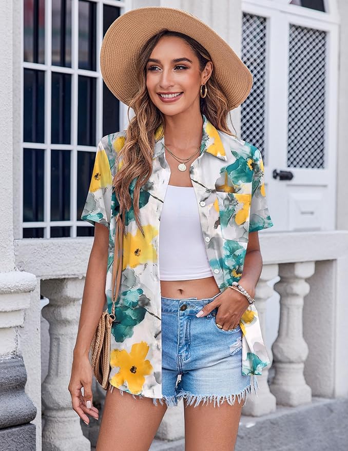 Zeagoo Womens Button Down Shirt Bust Pocket Short Sleeve Blouses Business Casual Work Tops Summer Outfits