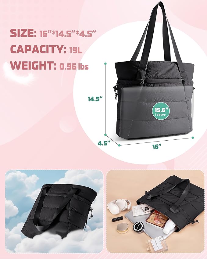 Puffer Tote Bag for Women, Lightweight Tote Bag for Work and School, Black