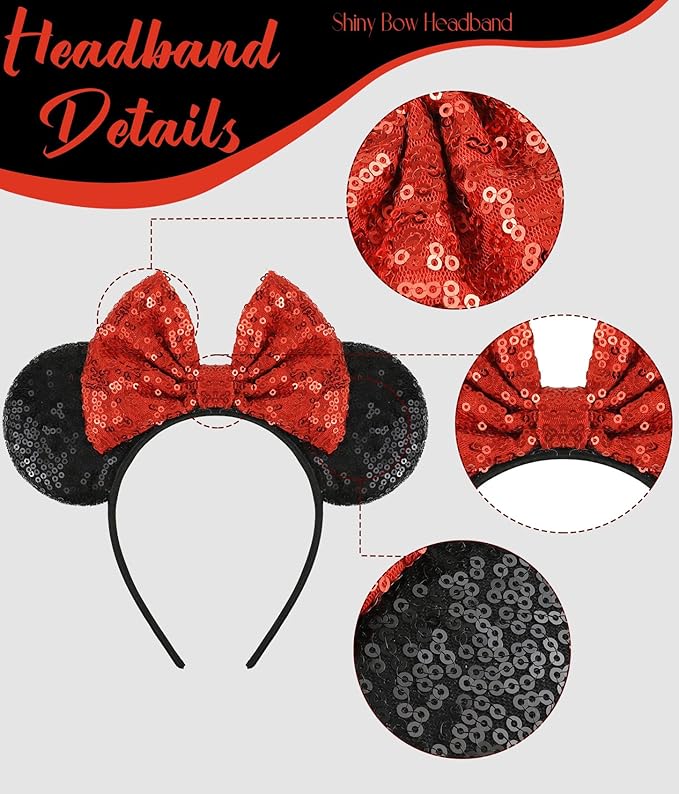 LIHELEI Mouse Ears Headband with Sequin Bows, Headbands for Women Halloween Costume, Headwear Hair Accessories - Red and black Mouse Ear