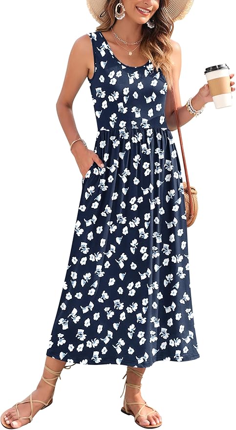 WNEEDU Women's Summer Maxi Dress 2026 Casual Sleeveless Hawaiian Sundress Tropical Long Dress Beach Vacation Outfit