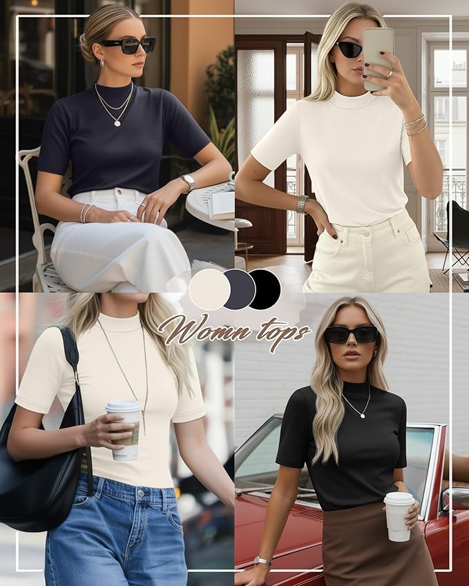 Ficerd 3 Pack Women's 1/2 Sleeve Mock Turtleneck Shirts, Elbow Length Shirt Half Sleeve Tunic Top Casual Summer Basic Tees