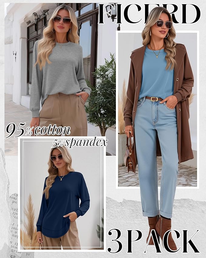Ficerd 3 Pack Women's Long Sleeve Shirts, Cotton Crew Neck Tunic Tops Casual Loose Fit Pullover Sweatshirts Curved Hem Shirts