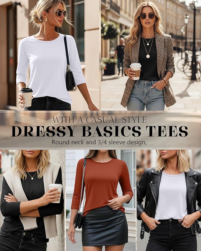 Ficerd 3 Pack 3/4 Sleeve Tops for Women Round Neck Dressy Basics Tees Casual Trendy Loose Fit T Shirts