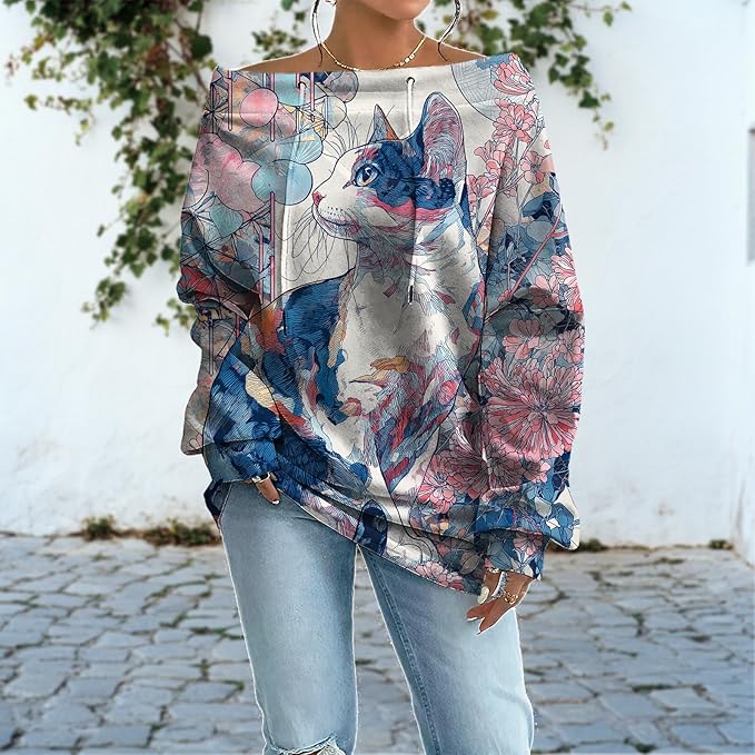 Womens Sweatshirts Floral Print Sexy Off The Shoulder T Shirts Oversized Long Sleeve Pullover Fall Tops