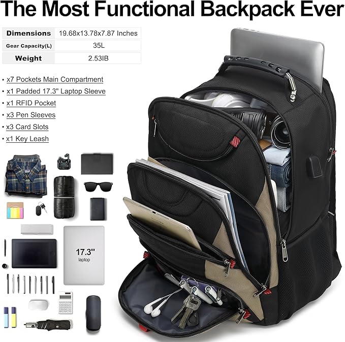 Boavan Laptop Backpack for men, 17.3 inch Laptop Bag with USB Port, Waterproof Travel Work Backpack Purse, Anti-Theft Teacher Nurse Doctor Casual Bookbags Office Business backpack，Black&Khaki
