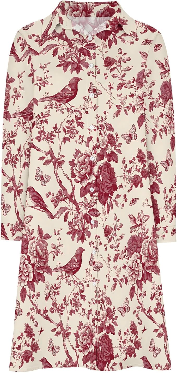 Shirt Dresses for Women 2025 Summer Long Sleeve Casual Plus Size Floral Printed Beach Vacation Dress with Pockets