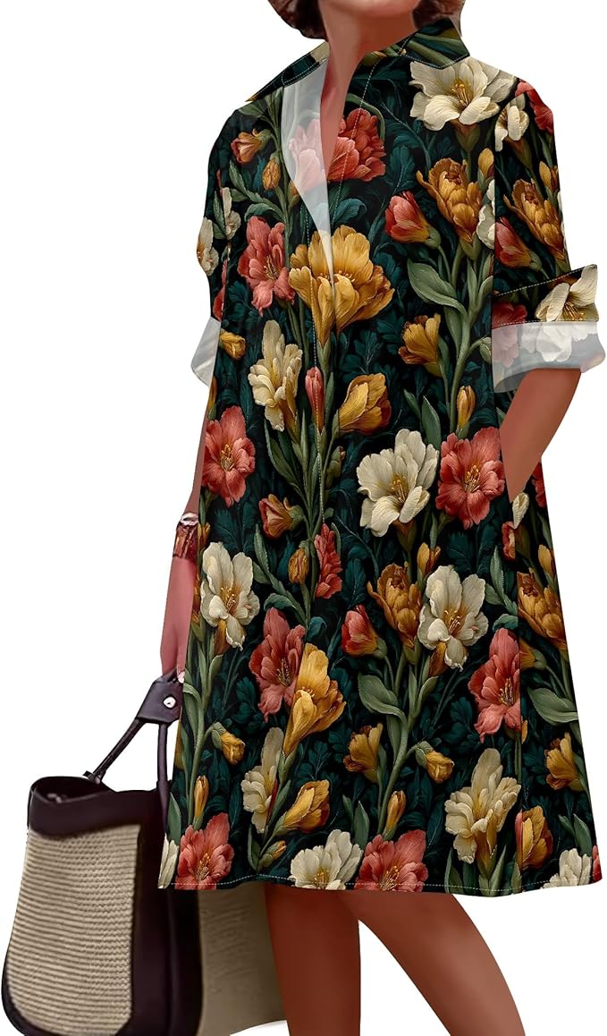 Shirt Dresses for Women 2025 Summer Long Sleeve Casual Plus Size Floral Printed Beach Vacation Dress with Pockets