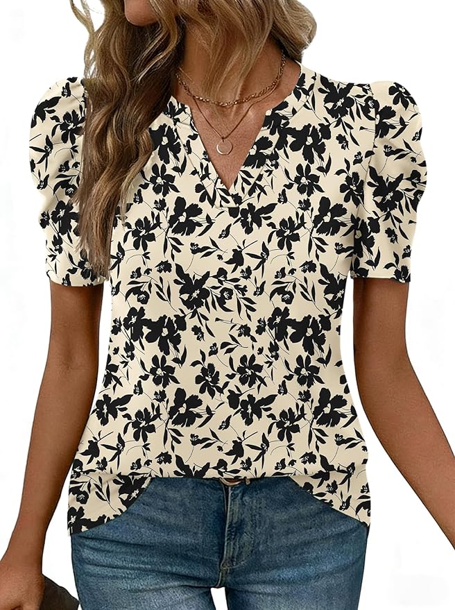 Lomon Spring Summer Tops for Women 2026 V Neck Puff Short Sleeve Tops Fashion Trendy Work Blouses Dressy Casual S-XXL