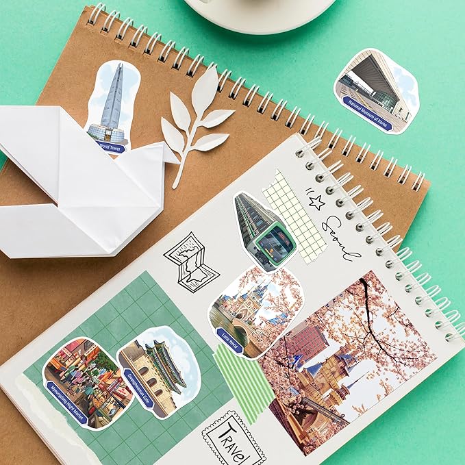 Navy Peony Energetic Seoul Travel Stickers (28pcs)-Gouache, Spring, South Korea, Korean City-Themed Vacation Stickers for Scrapbooks, Journals