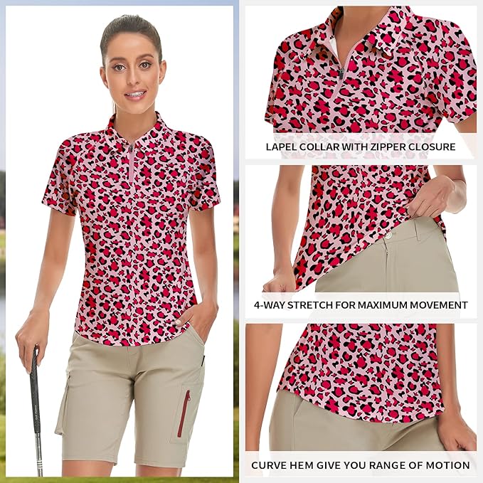 Women's Golf Shirt Short Sleeve Tennis Shirt Quarter Zip Golf Pullover Golf Polo Shirts Argyle Tops