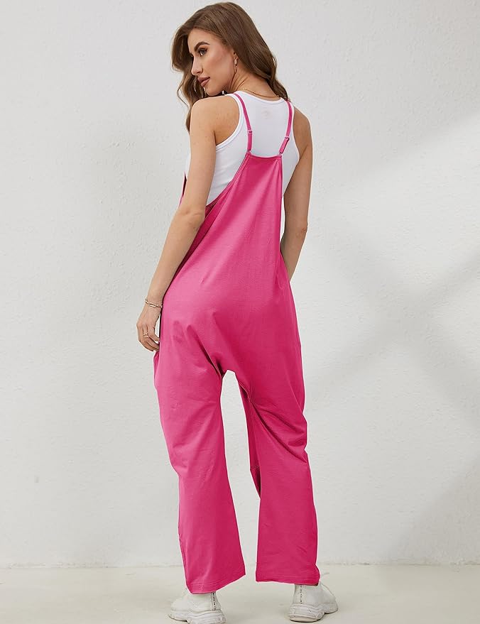 Lentta Women's Causal Jumpsuits V Neck Sleeveless Harem Overalls Stretchy Adjustable Strap Romper with Pockets