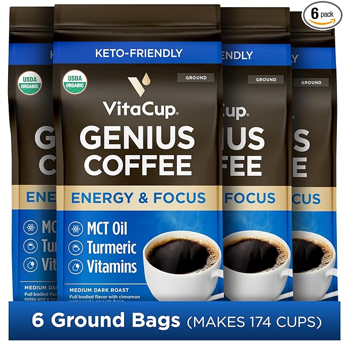 VitaCup Organic Genius Ground Keto Coffee, Increase Energy & Focus w/MCT Oil, Turmeric, B Vitamins, D3, USDA Organic Ground Coffee Medium Dark Roast, 100% Arabica Beans, 6 bags, 10 oz each