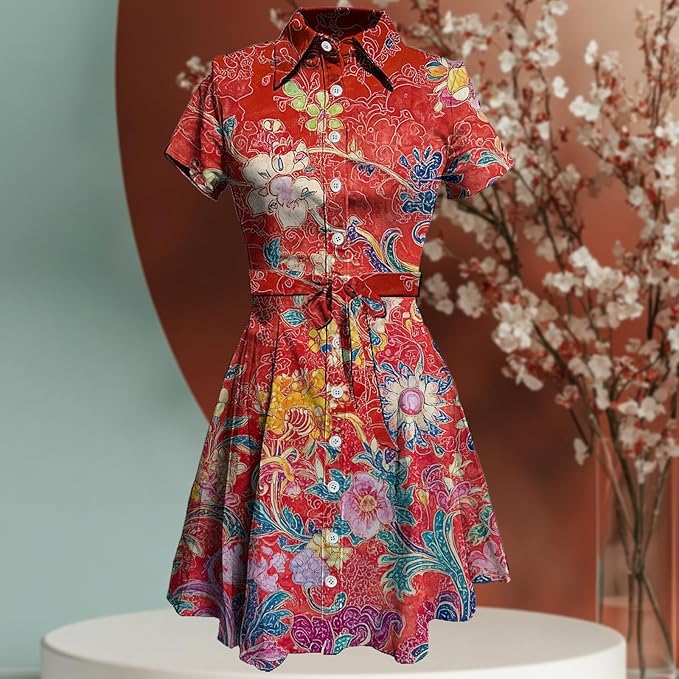 MARSVOVO Vintage Retro Shirt Dress for Women Short Sleeve Button Down Tie Waist Elegant Smocked Knee Length Dress