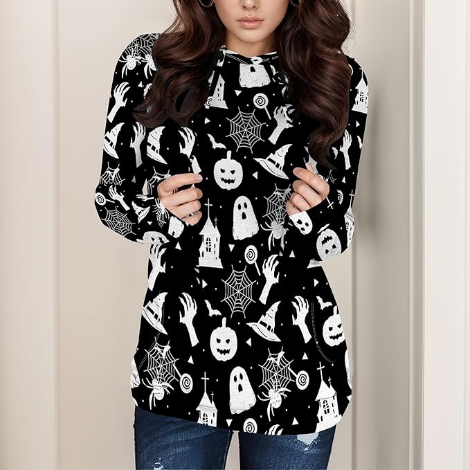 domirica Halloween Hooded Sweatshirt Long Sleeve Pocket Trendy Pumpkin Skull Sweatshirt Halloween Costumes For Holiday Party