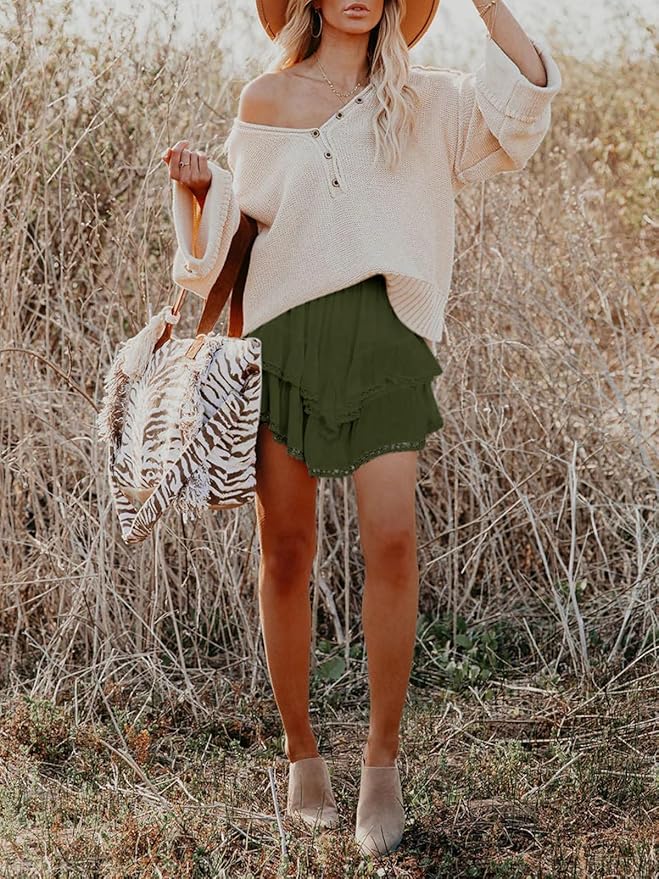 Aoudery Flowy Shorts for Women Casual Boho Ruffle Tiered Skorts High Waist Mini Skirts Golf Tennis Crochet Shorts