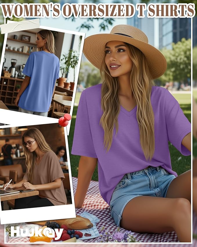 Huukeay Women's Cotton Oversized T Shirts 3 Pack V Neck Loose Fit Half Sleeve Tops Baggy Casual Summer Gym Workout Tees 2026