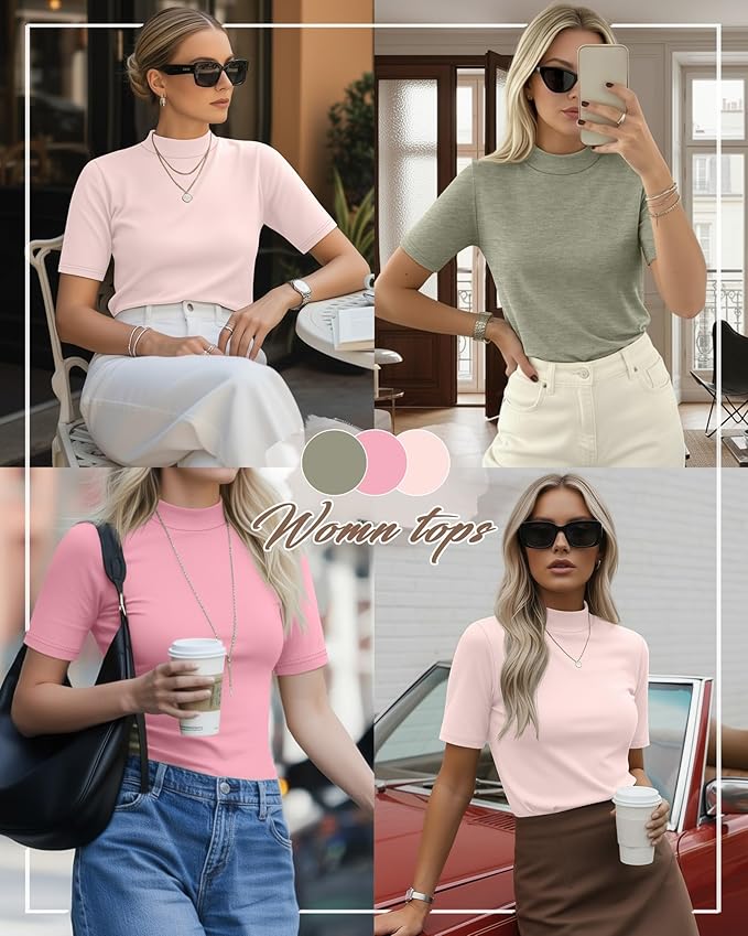 Ficerd 3 Pack Women's 1/2 Sleeve Mock Turtleneck Shirts, Elbow Length Shirt Half Sleeve Tunic Top Casual Summer Basic Tees