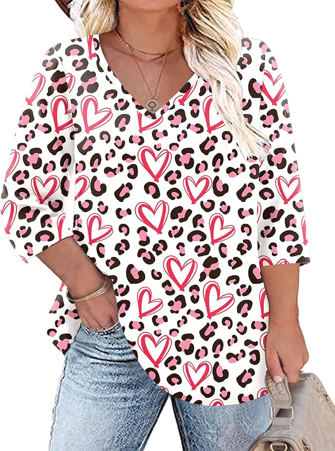 TFSDOD Womens Plus Size Tops V Neck T Shirts 3/4 Sleeve Blouse Summer Casual Tees XL-5X