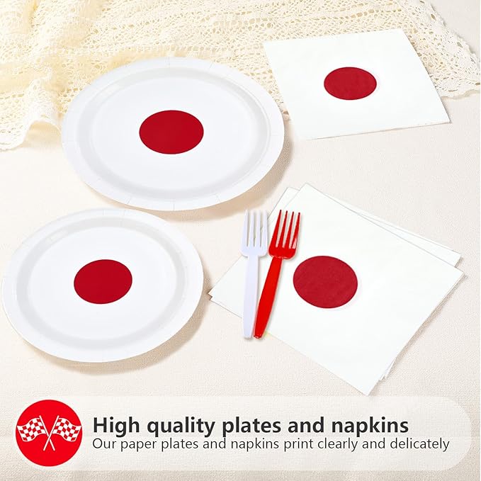 Greencian 96Pcs Japan Flag Party Decorations Hibachi Asian Japanese Style Plates and Napkins Hinomaru Flag Tableware Set for Japan Themed Party Supplies，Serves 24