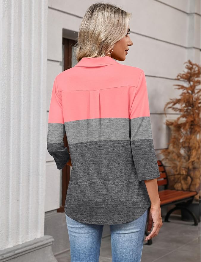 LOMON 3/4 Length Sleeve Womens Tops 2026 Spring Summer Collared Polo Shirts V Neck Casual Basic Polos Tees Shirt