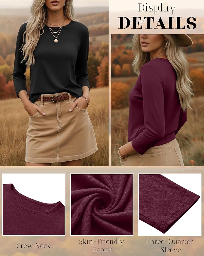 Ficerd 3 Pack 3/4 Sleeve Tops for Women Round Neck Dressy Basics Tees Casual Trendy Loose Fit T Shirts