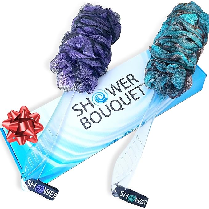 SHOWER BOUQUET Loofah-Charcoal Back-Scrubber Color-2-Pack // Long-Handle-Loofa-Lufa Bath-Sponge Brush/Extra Large Soft Mesh for Men & Women - Exfoliate with Full Pure Cleanse in Bathing Accessories