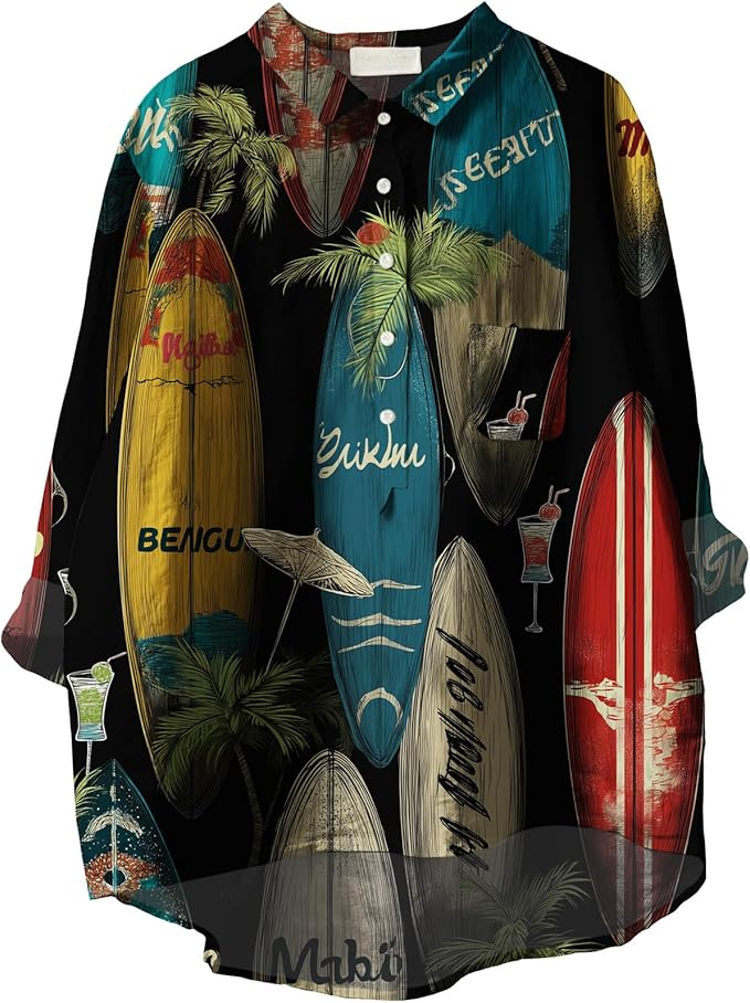 Womens Boho Tops 3/4 Long Sleeve Floral Blouses Hawaii Beach Button Down Shirts V Neck Pullover Casual Tunics
